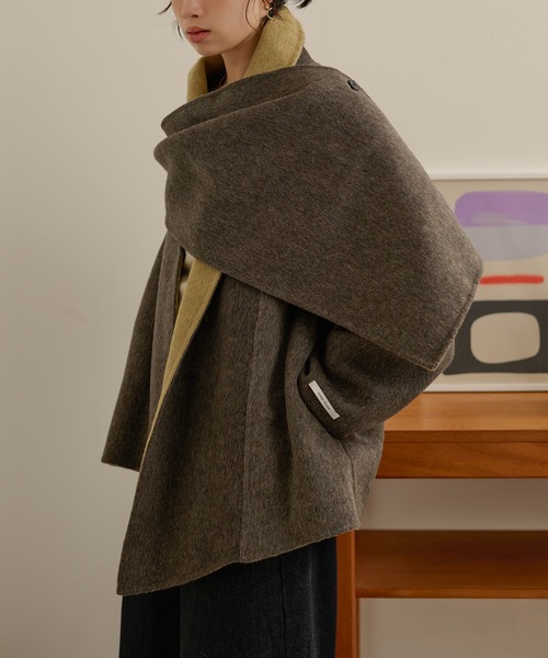 LAULEN(ローレン)の「cotton wool stole docking coat /コットンウールストールドッキングコート(ノーカラーコート・レディース・チャコールグレー/オートミール/カーキ・FREE)」の18枚目の写真