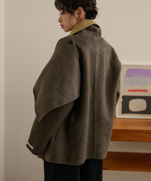 LAULEN(ローレン)の「cotton wool stole docking coat /コットンウールストールドッキングコート(ノーカラーコート・レディース・チャコールグレー/オートミール/カーキ・FREE)」の4枚目の写真