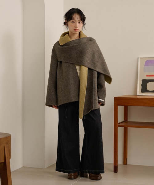 LAULEN(ローレン)の「cotton wool stole docking coat /コットンウールストールドッキングコート(ノーカラーコート・レディース・チャコールグレー/オートミール/カーキ・FREE)」の9枚目の写真