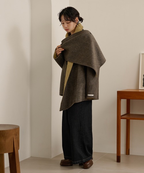 LAULEN(ローレン)の「cotton wool stole docking coat /コットンウールストールドッキングコート(ノーカラーコート・レディース・チャコールグレー/オートミール/カーキ・FREE)」の10枚目の写真