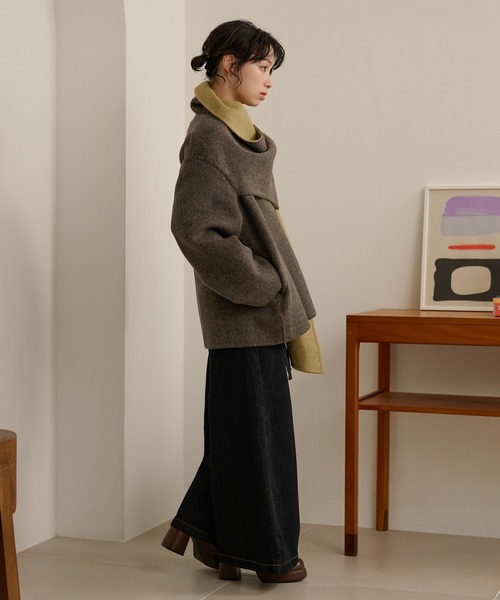 LAULEN(ローレン)の「cotton wool stole docking coat /コットンウールストールドッキングコート(ノーカラーコート・レディース・チャコールグレー/オートミール/カーキ・FREE)」の12枚目の写真