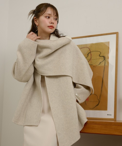 LAULEN(ローレン)の「cotton wool stole docking coat /コットンウールストールドッキングコート(ノーカラーコート・レディース・チャコールグレー/オートミール/カーキ・FREE)」の13枚目の写真