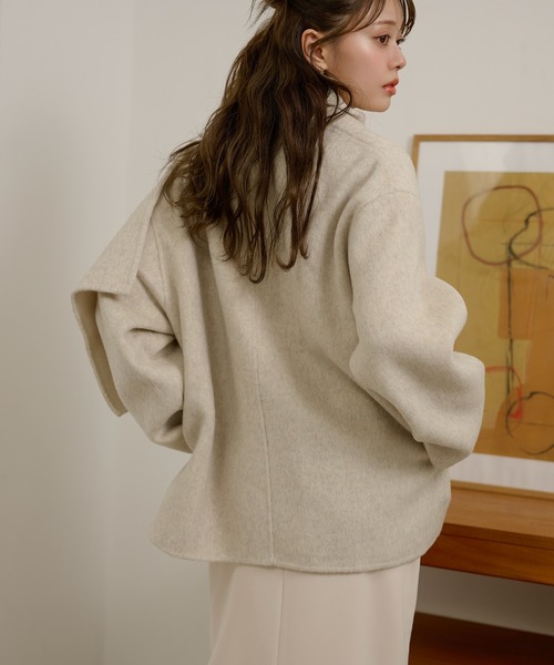 LAULEN(ローレン)の「cotton wool stole docking coat /コットンウールストールドッキングコート(ノーカラーコート・レディース・チャコールグレー/オートミール/カーキ・FREE)」の15枚目の写真