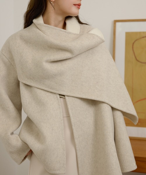 LAULEN(ローレン)の「cotton wool stole docking coat /コットンウールストールドッキングコート(ノーカラーコート・レディース・チャコールグレー/オートミール/カーキ・FREE)」の16枚目の写真