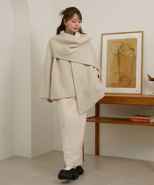 LAULEN(ローレン)の「cotton wool stole docking coat /コットンウールストールドッキングコート(ノーカラーコート・レディース・チャコールグレー/オートミール/カーキ・FREE)」の20枚目の写真