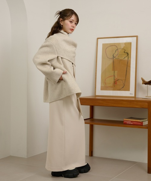 LAULEN(ローレン)の「cotton wool stole docking coat /コットンウールストールドッキングコート(ノーカラーコート・レディース・チャコールグレー/オートミール/カーキ・FREE)」の21枚目の写真