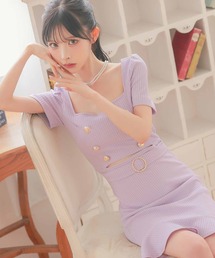 Tika（ティカ）の「韓国ファッション ワンピース スクエアネック 半袖 ゴールドボタン ウエストベルト ウエストカット ワッフル 裾プリーツ フレア ミニ キャバドレス (Sサイズ～Lサイズ)（ワンピース・レディース）」