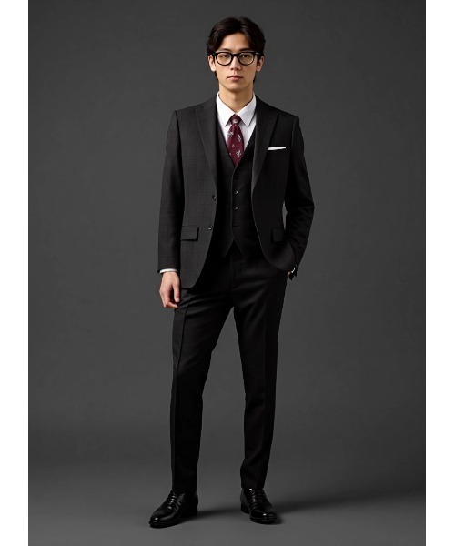 【9号Mサイズ】無地ブラックスーツ3点セット　パーフェクトスーツファクトリー Perfect Suit FActory（パーフェクト スーツ ファクトリー