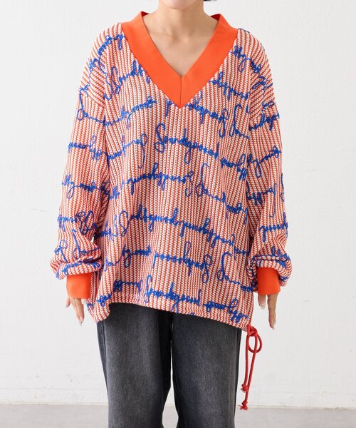 SOUNDSGOOOOD(サウンズグッド)の「【SOUNDS GOOOOD】総柄ロゴ刺繍シアーVニットソー(ニット/セーター・レディース・オレンジ・ONE SIZE)」の10枚目の写真