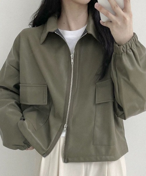 lilful(リルフル)の「ダブルジップ ショート丈PUジャケット(ブルゾン・レディース・ブラック/カーキ・F)」の12枚目の写真