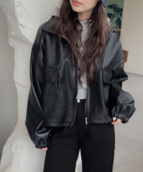 lilful(リルフル)の「ダブルジップ ショート丈PUジャケット(ブルゾン・レディース・ブラック/カーキ・F)」の15枚目の写真