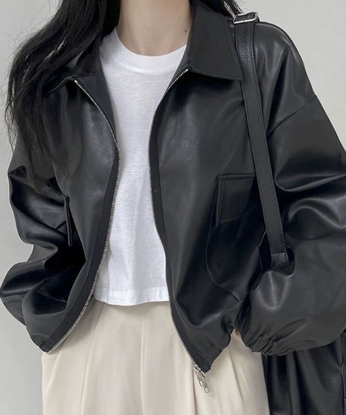 lilful(リルフル)の「ダブルジップ ショート丈PUジャケット(ブルゾン・レディース・ブラック/カーキ・F)」の10枚目の写真