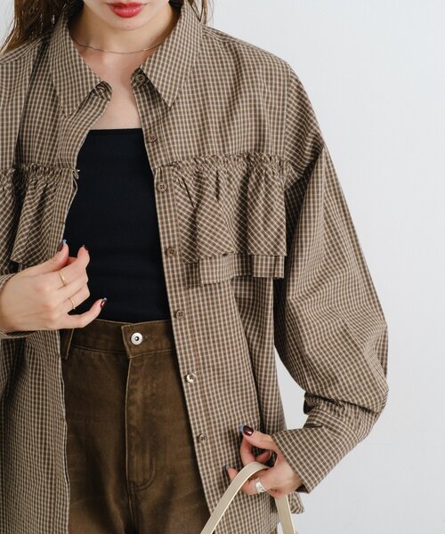 Kastane（カスタネ）の「*【チェック&ストライプ】B フリルシャツ（シャツ/ブラウス・レディース・サックスブルー/ネイビー/ベージュ・FREE）」の2枚目の写真