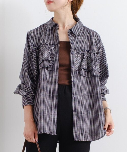 Kastane（カスタネ）の「*【チェック&ストライプ】B フリルシャツ（シャツ/ブラウス・レディース・サックスブルー/ネイビー/ベージュ・FREE）」の3枚目の写真