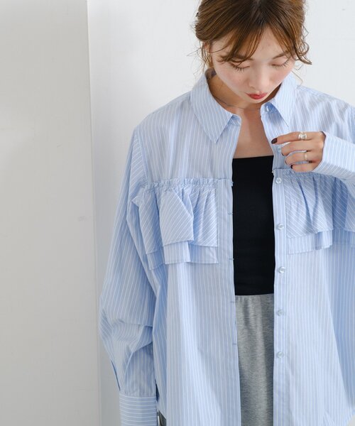 Kastane（カスタネ）の「*【チェック&ストライプ】B フリルシャツ（シャツ/ブラウス・レディース・サックスブルー/ネイビー/ベージュ・FREE）」の9枚目の写真