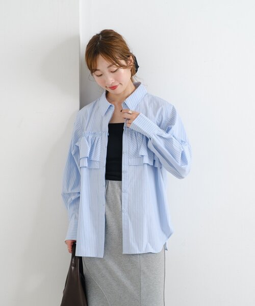 Kastane（カスタネ）の「*【チェック&ストライプ】B フリルシャツ（シャツ/ブラウス・レディース・サックスブルー/ネイビー/ベージュ・FREE）」の6枚目の写真