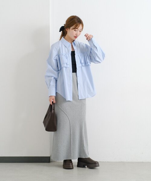 Kastane（カスタネ）の「*【チェック&ストライプ】B フリルシャツ（シャツ/ブラウス・レディース・サックスブルー/ネイビー/ベージュ・FREE）」の4枚目の写真