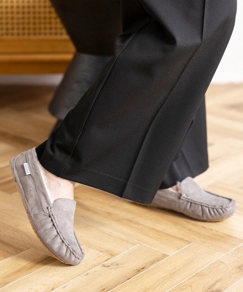 1点物グレー スエード ファー付き モカシン セール】もこもこファー モカシンローファー（モカシン/デッキシューズ