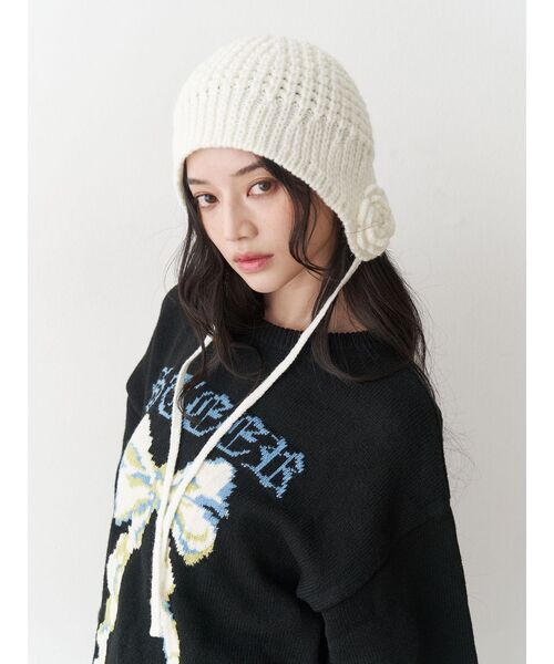 クロシェライクフラワーモチーフビーニー（ニットキャップ/ビーニー