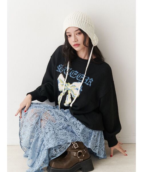 jouetie(ジュエティ)の「クロシェライクフラワーモチーフビーニー(ニットキャップ/ビーニー・レディース・アイボリー/ブラック・FREE)」の9枚目の写真