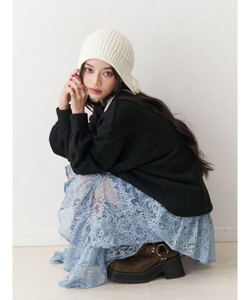 jouetie(ジュエティ)の「クロシェライクフラワーモチーフビーニー(ニットキャップ/ビーニー・レディース・アイボリー/ブラック・FREE)」の10枚目の写真