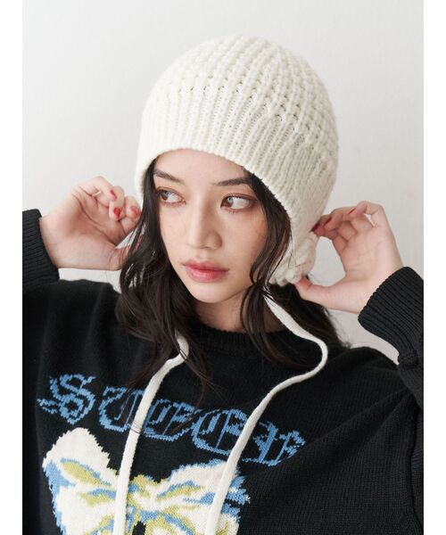 クロシェライクフラワーモチーフビーニー（ニットキャップ/ビーニー