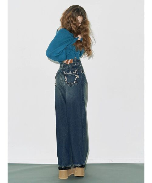 【evris】 デニムパンツ セール】ポケットエンブロイダリーワイドデニムパンツ（デニムパンツ