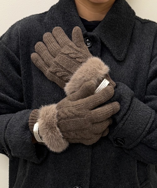 セール】【SETUP7】C'est doux ケーブルニット＆ファー 5本指手袋 FTL