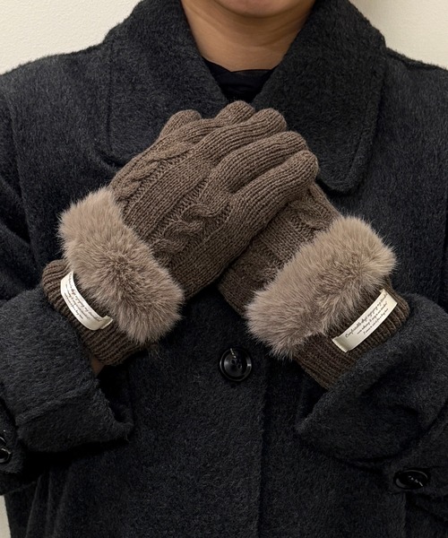 セール】【SETUP7】C'est doux ケーブルニット＆ファー 5本指手袋 FTL