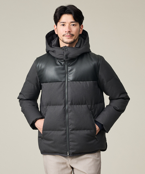 セール】【700FP】レザーライクコンビ ダウンジャケット（ダウン