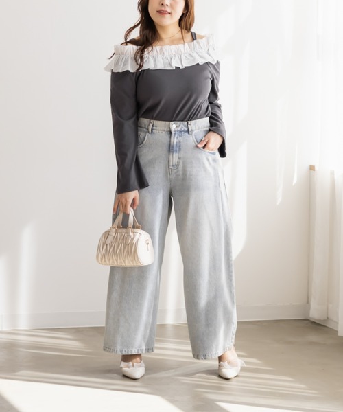 CLETTE(クレット)の「CLETTEオリジナルフリルオフショルリブトップス(Tシャツ/カットソー・レディース・オフホワイト/チャコールグレー/ブラック・LL/3L/4L)」の14枚目の写真