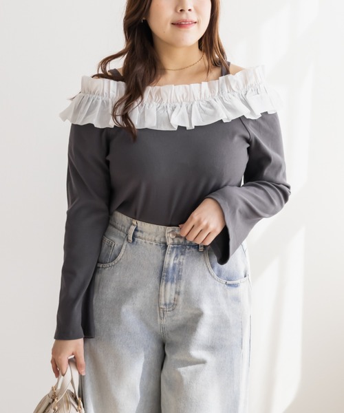 CLETTE(クレット)の「CLETTEオリジナルフリルオフショルリブトップス(Tシャツ/カットソー・レディース・オフホワイト/チャコールグレー/ブラック・LL/3L/4L)」の12枚目の写真