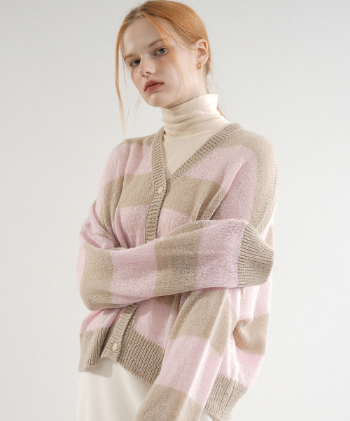 Mohair Striped Knit Cardigan (Pink)