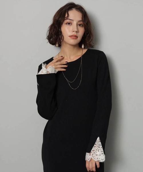 新品タグ付 Arpege story 袖口レースニットワンピース 黒Sサイズ 袖口レースニットワンピース（ワンピース）｜Arpege story