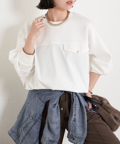 Jena espace merveilleux（ジェナ　エスパスメルヴェイユ）の「【1枚で様になる／ラクチン綺麗】フハク切替ダンボールカットソー（Tシャツ/カットソー・レディース・グレー/オフホワイト/ベージュ・FREE）」の9枚目の写真