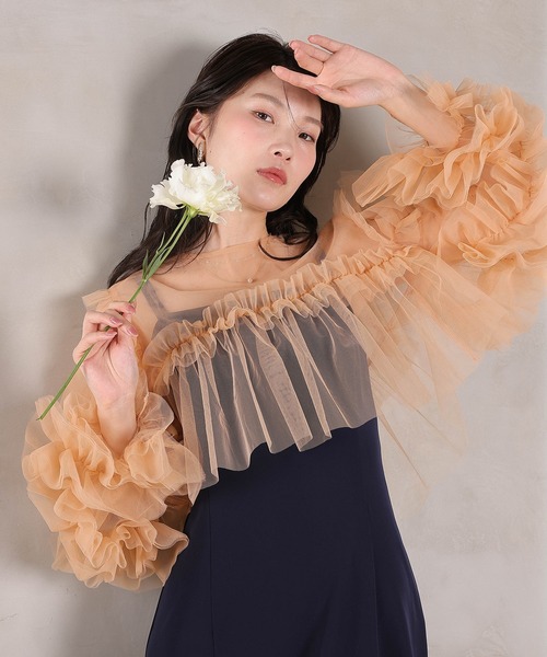 Kana（カナ）の「デコラティブチュールボレロ フィットアンドフレアワンピース 2点セット パーティー ドレス 結婚式 お呼ばれ オケージョン（ドレス・レディース・オレンジ系/チャコールグレー/ブルー/ベージュ×ブラック・M）」の4枚目の写真