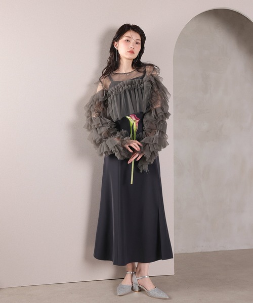 Kana（カナ）の「デコラティブチュールボレロ フィットアンドフレアワンピース 2点セット パーティー ドレス 結婚式 お呼ばれ オケージョン（ドレス・レディース・オレンジ系/チャコールグレー/ブルー/ベージュ×ブラック・M）」の2枚目の写真