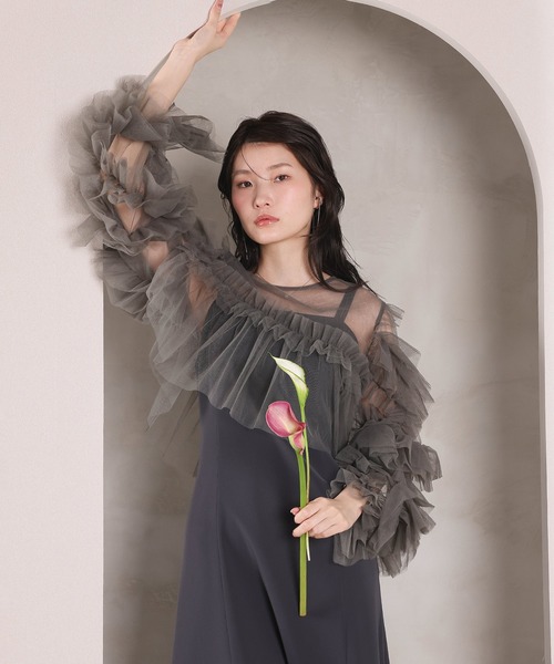Kana（カナ）の「デコラティブチュールボレロ フィットアンドフレアワンピース 2点セット パーティー ドレス 結婚式 お呼ばれ オケージョン（ドレス・レディース・オレンジ系/チャコールグレー/ブルー/ベージュ×ブラック・M）」の8枚目の写真
