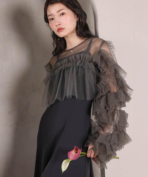Kana（カナ）の「デコラティブチュールボレロ フィットアンドフレアワンピース 2点セット パーティー ドレス 結婚式 お呼ばれ オケージョン（ドレス・レディース・オレンジ系/チャコールグレー/ブルー/ベージュ×ブラック・M）」の9枚目の写真