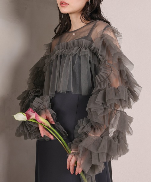 Kana（カナ）の「デコラティブチュールボレロ フィットアンドフレアワンピース 2点セット パーティー ドレス 結婚式 お呼ばれ オケージョン（ドレス・レディース・オレンジ系/チャコールグレー/ブルー/ベージュ×ブラック・M）」の6枚目の写真