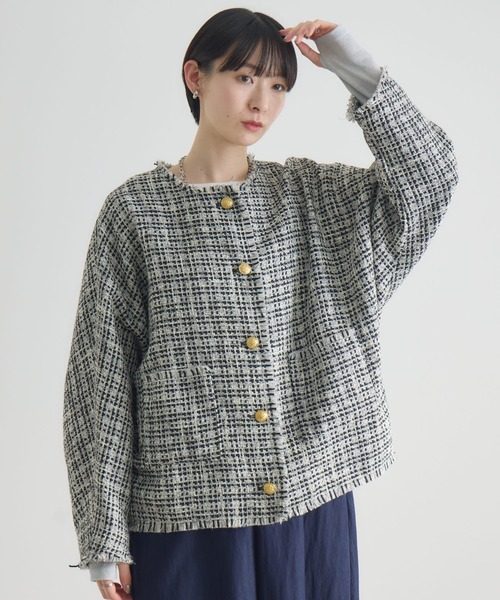 Paradise Picnic（パラダイスピクニック）の「Dignite Collier ドルマンツイードジャケット（ノーカラージャケット・レディース・その他1/ホワイト/ブラック・FREE）」の10枚目の写真
