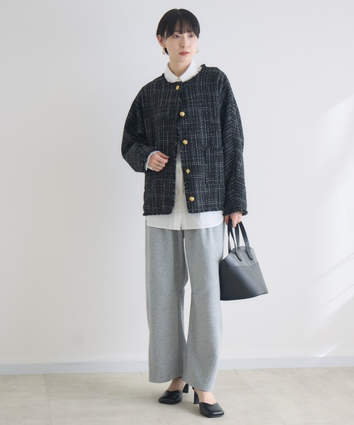 Paradise Picnic（パラダイスピクニック）の「Dignite Collier ドルマンツイードジャケット（ノーカラージャケット・レディース・その他1/ホワイト/ブラック・FREE）」の21枚目の写真