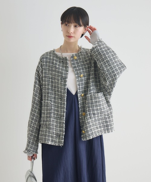 Paradise Picnic（パラダイスピクニック）の「Dignite Collier ドルマンツイードジャケット（ノーカラージャケット・レディース・その他1/ホワイト/ブラック・FREE）」の20枚目の写真