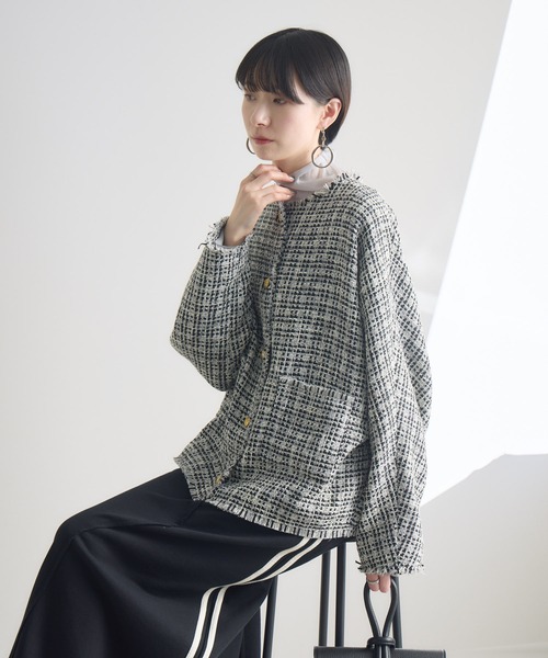 Paradise Picnic（パラダイスピクニック）の「Dignite Collier ドルマンツイードジャケット（ノーカラージャケット・レディース・その他1/ホワイト/ブラック・FREE）」の18枚目の写真