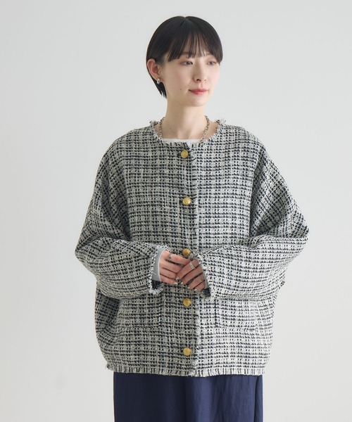 Paradise Picnic（パラダイスピクニック）の「Dignite Collier ドルマンツイードジャケット（ノーカラージャケット・レディース・その他1/ホワイト/ブラック・FREE）」の11枚目の写真