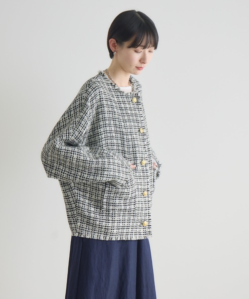 Paradise Picnic（パラダイスピクニック）の「Dignite Collier ドルマンツイードジャケット（ノーカラージャケット・レディース・その他1/ホワイト/ブラック・FREE）」の12枚目の写真