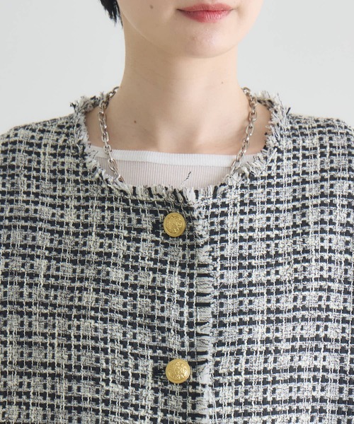 Paradise Picnic（パラダイスピクニック）の「Dignite Collier ドルマンツイードジャケット（ノーカラージャケット・レディース・その他1/ホワイト/ブラック・FREE）」の8枚目の写真