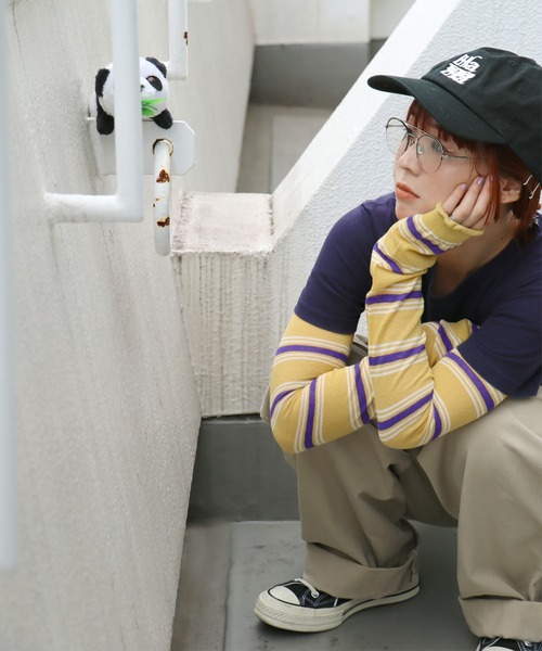 KIVISDOU（キビスドウ）の「マルチボーダー ＵＶカット アームカバー（アームカバー・レディース・グレイッシュブルー/オレンジ/マスタード/グリーン/ダークブラウン・F）」の4枚目の写真