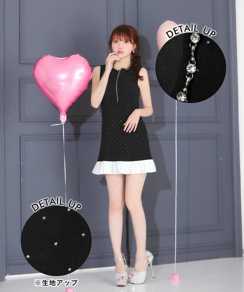 DAZZY(デイジー)の「輝くビジューストーン×フリルAラインSEXY胸元ジップノースリーブミニ丈キャバドレス(ワンピース・レディース・ピンクベージュ/ブラック・L/M/S)」の21枚目の写真