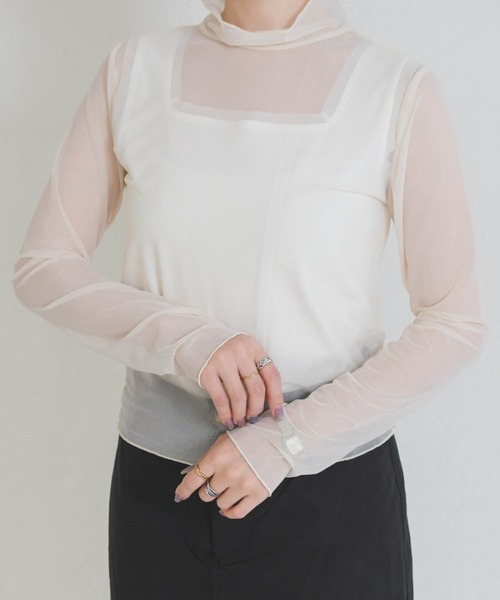 31 Sons de mode（トランテアン　ソン　ドゥ　モード）の「シアーハイネックトップス（Tシャツ/カットソー・レディース・アイボリー/ホワイト×ブラック・ﾌﾘ-）」の11枚目の写真